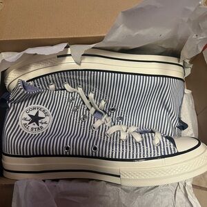 Converse Blue and White Striped High-Top Sneakers